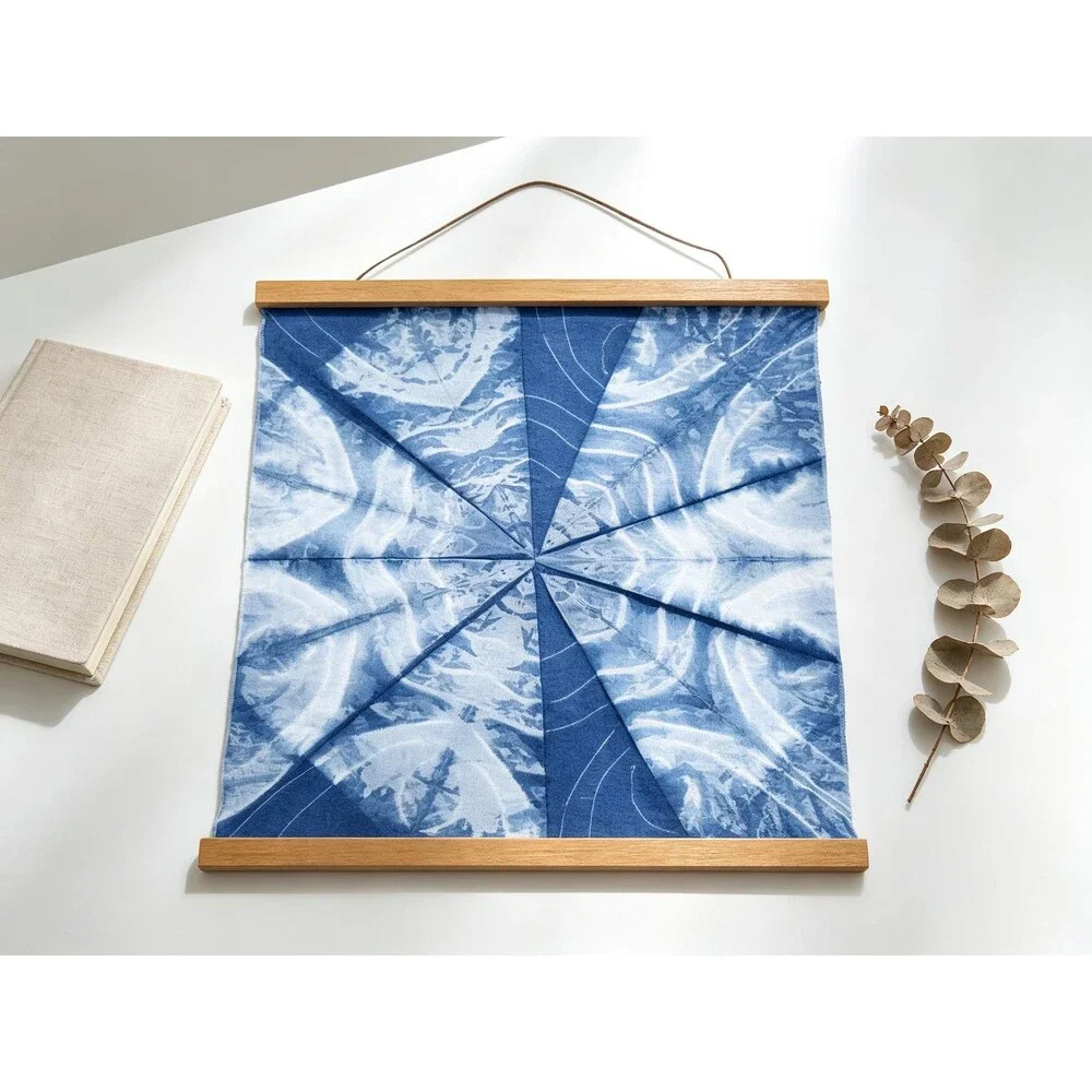 Eight-Pointed Star Indigo Shibori Wall Hanging, Handmade Geometric Textile Art